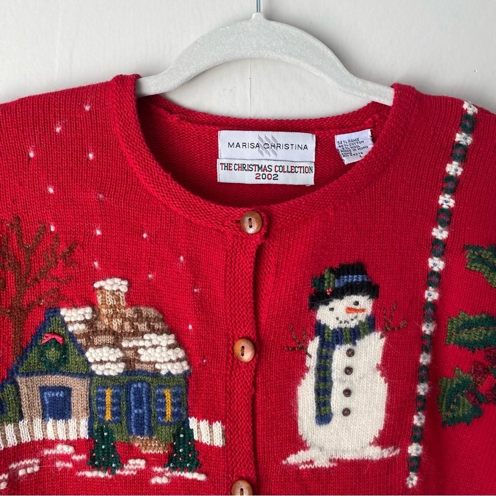 Vintage Y2K Embroidered Christmas Cardigan Knit Sweater Red Large - Picture 2 of 11